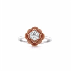 14K Two Tone Rose Gold Flower And White Gold Band With Approx. 0.13 ctw Diamonds Size 6.25
