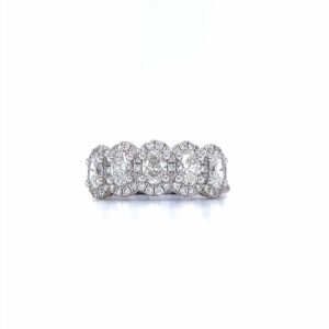 14 Karat White Gold Diamond Halo Fashion Ring With 5 Center Oval Prong Set Diamonds Approx 1.64 ctw Finger Size 6.5