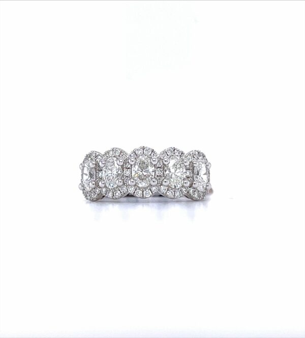 14 Karat White Gold Diamond Halo Fashion Ring With 5 Center Oval Prong Set Diamonds Approx 1.64 ctw Finger Size 6.5