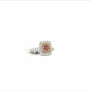 18 Karat White And Rose Gold Diamond Ring With Champagne Radiant Cut Center Diamond, Double Halo Set With Round Brilliant Cut Diamonds Prong Set, And Round Diamonds Half Way Down The Band With Approx 0.93 ctw Finger Size 6.5